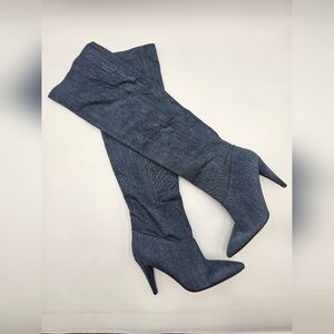 Guess Knee High Denim Stiletto Boots Size 7 | Pointed Toe Heels Y2K Retro Style